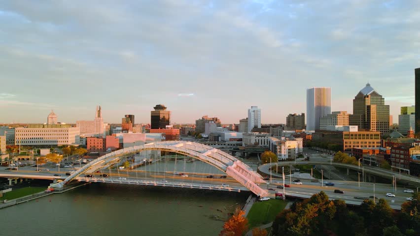 Rochester, New York, USA cityscape on the Genesee River.