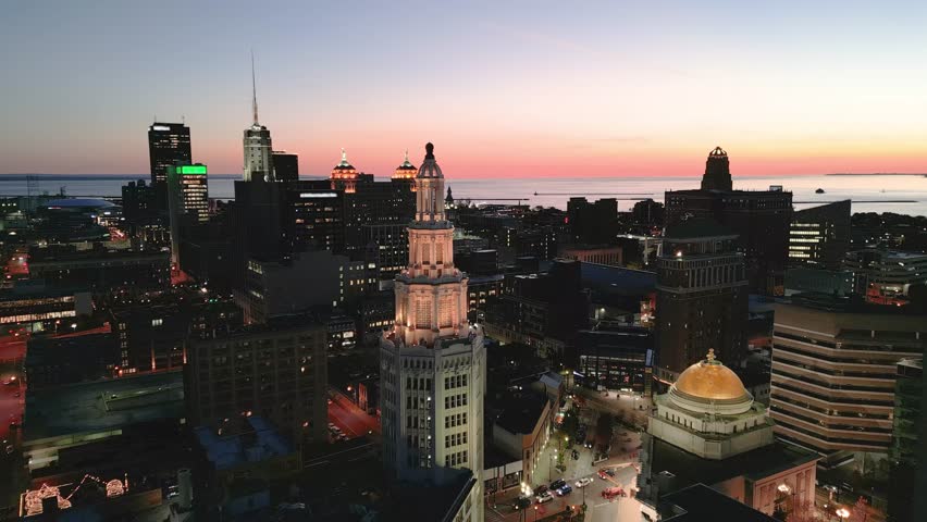 Buffalo, New York, USA downtown city skyline at golden hour.