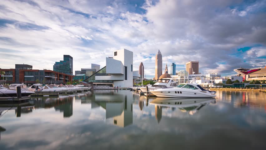 Cleveland, Ohio, USA downtown city skyline and harbor at twilight.