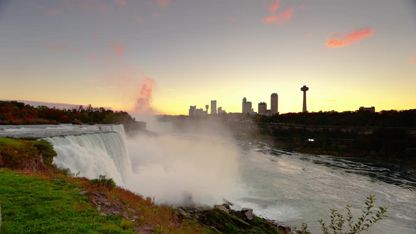 Niagara Falls, New York, USA from the rim of the falls on an autumn dusk.