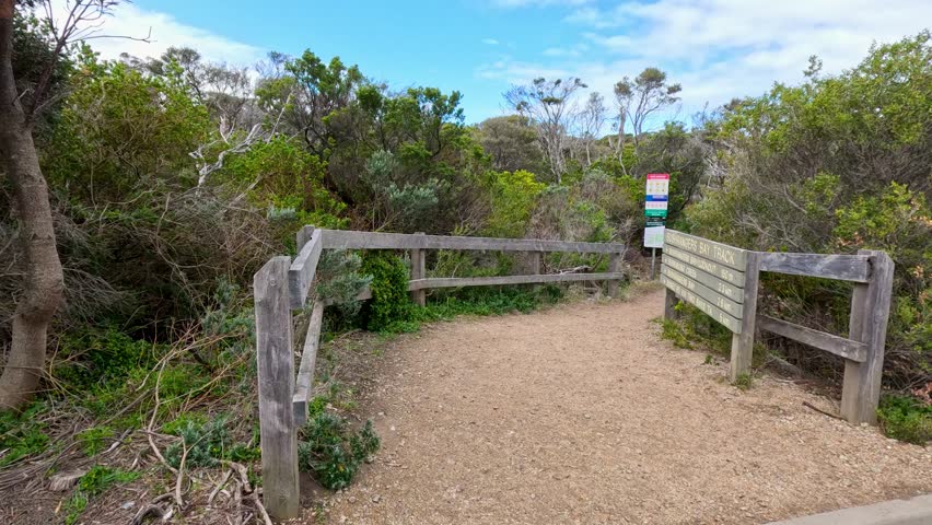 Wide shot of a dirt path through coastal shrubland under bright daylight in Australia