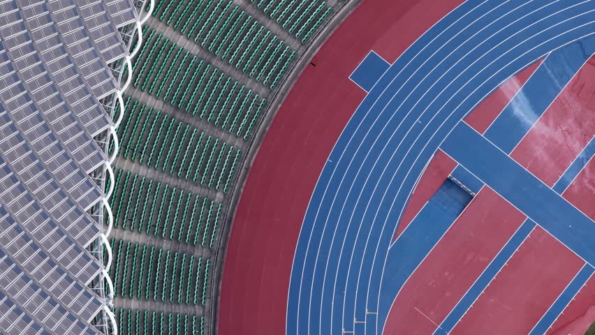 Aerial top down view of sports stadium running track
