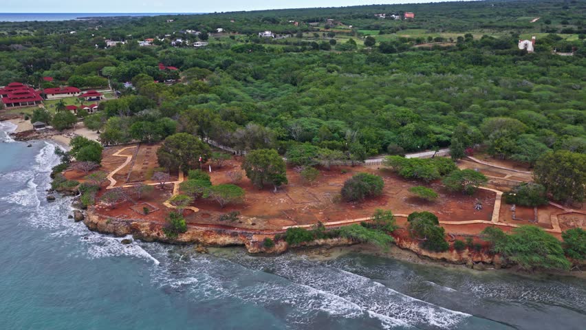 Aerial view of archaeological site of La Isabela in Puerto Plata, Dominican Republic, first European settlement founded by Christopher Columbus in New World along Caribbean coastline.