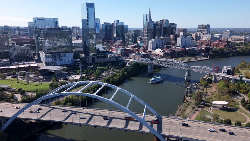 Urban development and city growth in Nashville Tennessee, Aerial view showcases the Korean Veterans and Cumberland River