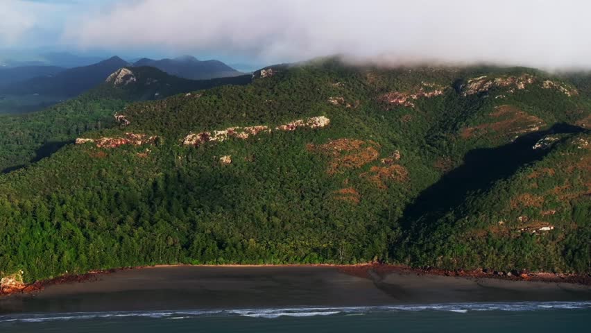 Beachcomber Cove clouds movement Cape Hillsborough National Park Australia aerial drone nature landscape morning sunrise Orchid Rock Twin Casuarina Beach Cove waves Lookout Wedge Island sunny static