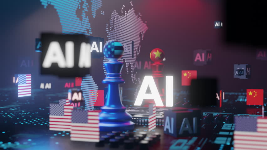 Global AI Artificial Intelligence Strategy, USA and China Chess Pieces on Digital Technology Background
