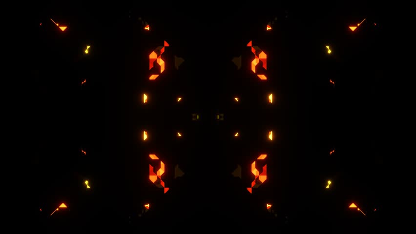 Symmetrical golden and red geometric shapes pulsating on a black background, creating a vibrant and abstract kaleidoscopic pattern suitable for vj loops and music visualizations