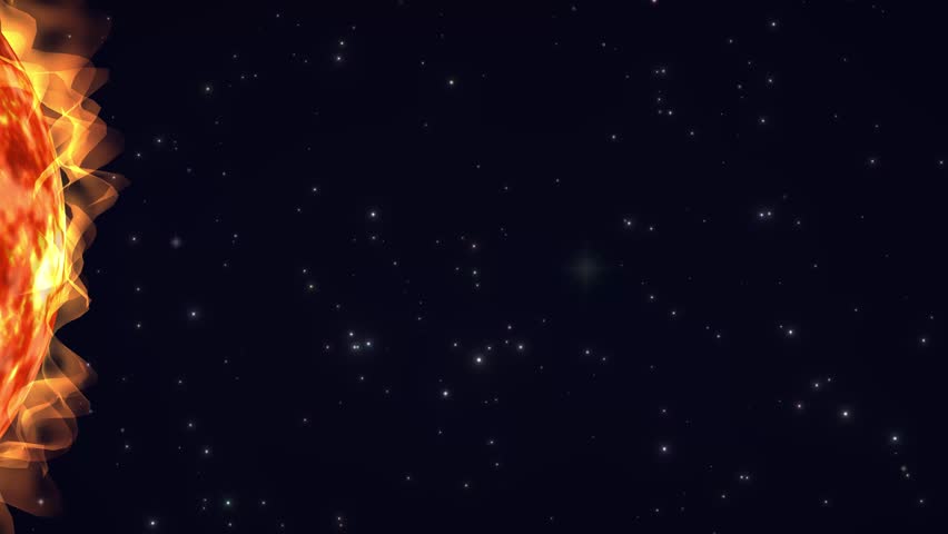 A burning sun with active solar flares glows against a dark starry space background