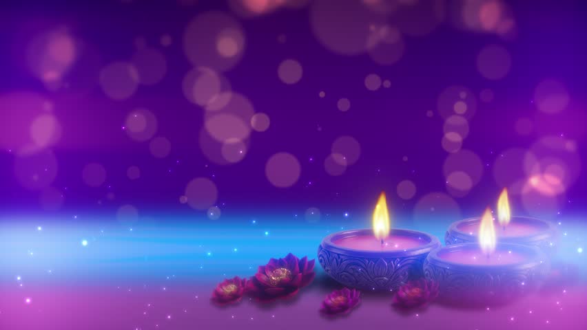 High energy spiritual background with burning candles, pink flowers, and vibrant glowing bokeh particles in a perfect loop.