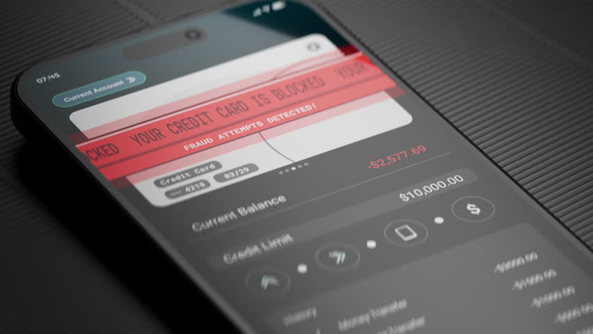 Banking app showing multiple money transfer alerts, card blocked suspected fraud