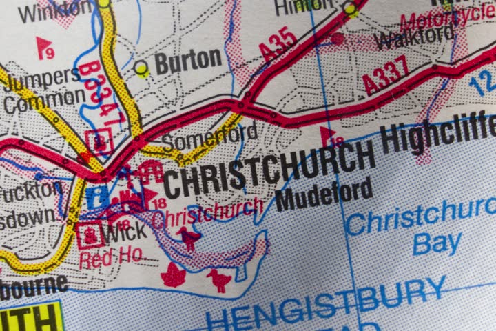Christchurch, England, United Kingdom colour atlas district map from about 2002 town name of the area zoom in