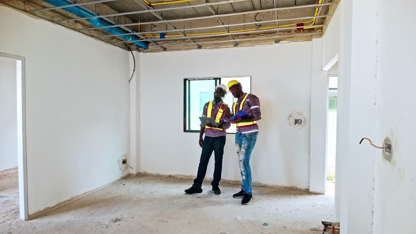 Two construction workers in safety gear inspect a partially finished interior, checking wiring and ceiling pipes during a building renovation.