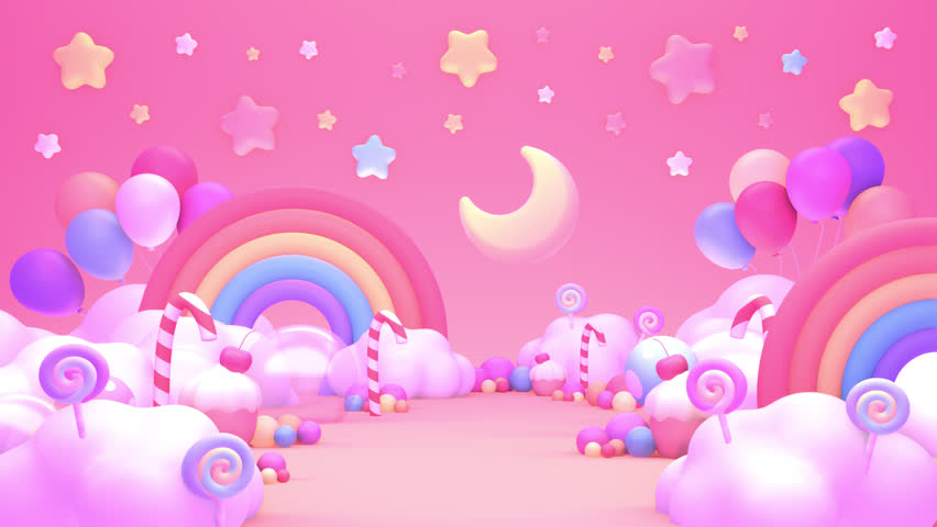 Sweet candy land with moon, rainbows, cupcakes, candy canes, lollipops, and balloons animation. (loop)