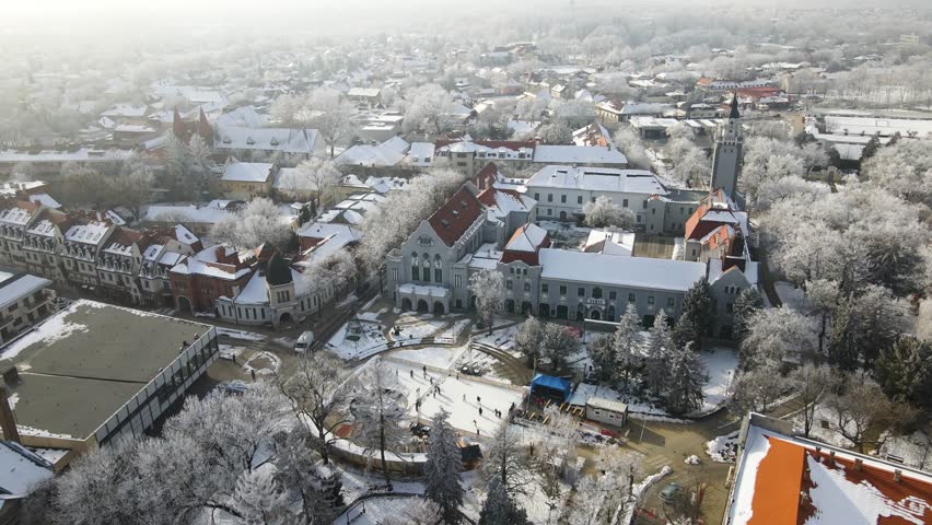 Winter day in Kiskunhalas, Hungary with people enjoying ice skating and frost covered trees next to Mayor