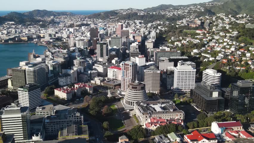 Aerial look down to New Zealand Parliament Buildings in Wellington, New Zealand. Cityscape