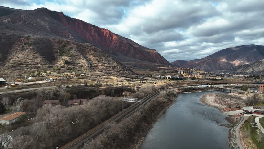 Panoramic drone shot the Colorado river and Glenwood springs, cloudy day in USA