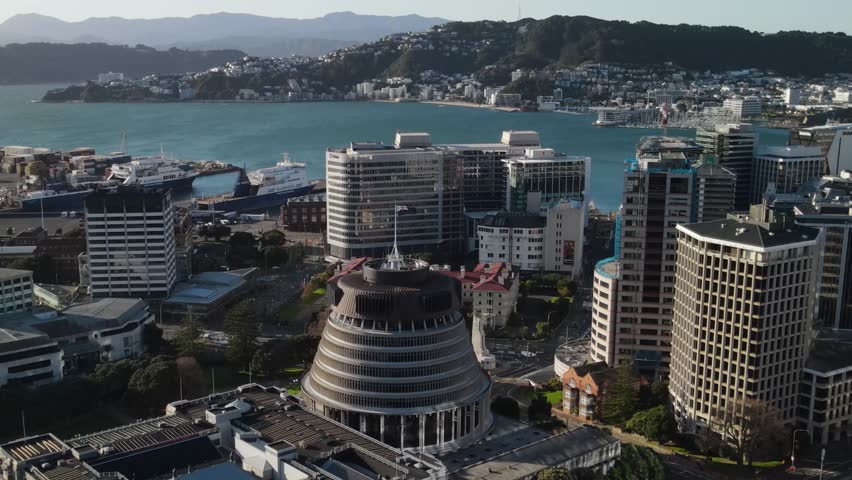 New Zealand flag, national symbol on Beehive Parliament building and Wellington cityscape.