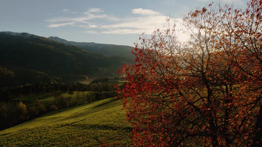 Sunny Sky Over Mountain Valleys Of The Val di Fiemme Area In Trentino, Italy. Aerial Shot
