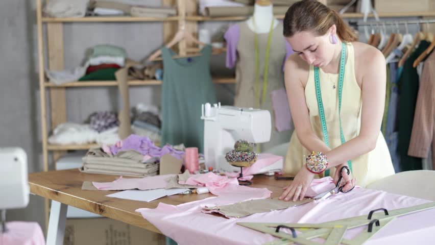 Young female seamstress cutting fabric with scissors in sewing workshop