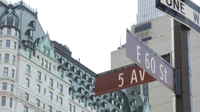 New York City Manhattan Midtown, United States. Old historic hotel building 1907 on Grand Army Plaza, 5 fifth avenue sign near Central Park. Classic iconic american architecture. Pulitzer Plaza in NYC