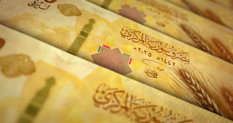 Syria pounds Syrian money banknote loop. 500 SYP money texture. Concept of economy, business, crisis, banking, recession, debt and finance. Moving over note loopable seamless 3d.