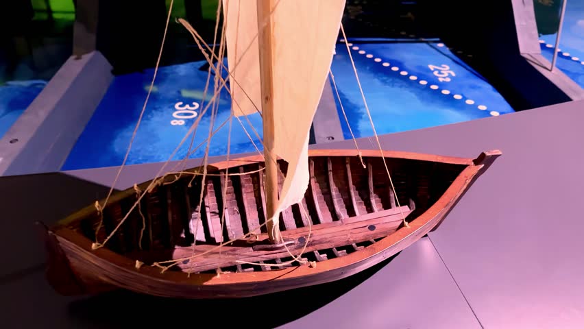 Wooden Ancient Maritime Vessel Scale Model Detailed Exhibition Display Featuring Traditional Rigging And Clinker Built Hull Craftsmanship Under Dramatic Blue Ambient Museum Lighting High Angle View