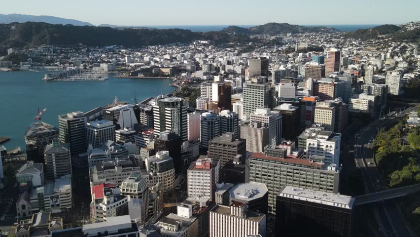 Aerial cityscape of Wellington with downtown buildings, urban landscape of New Zealand.