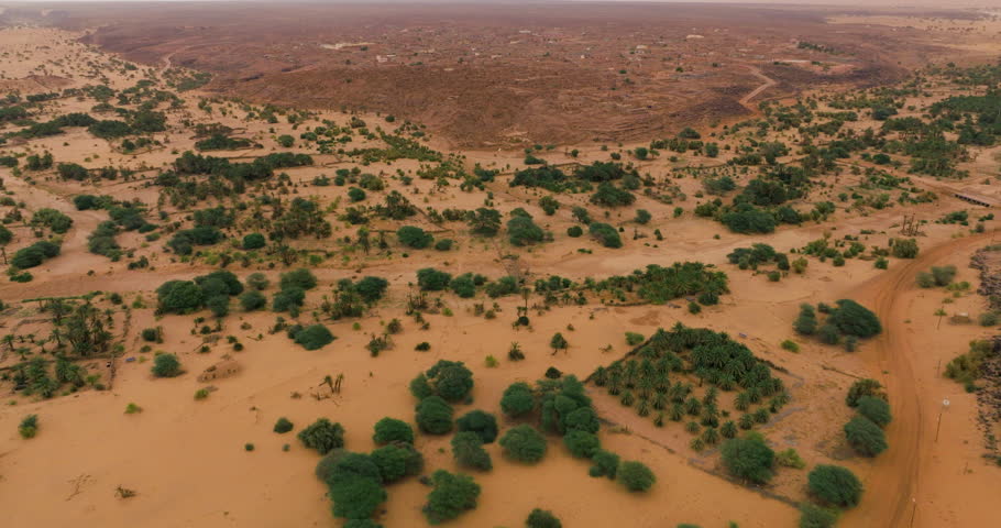Deserted Landscape Overlooking The Ancient Town Of Ouadane In The Adrar Plateau In Mauritania. Aerial Shot