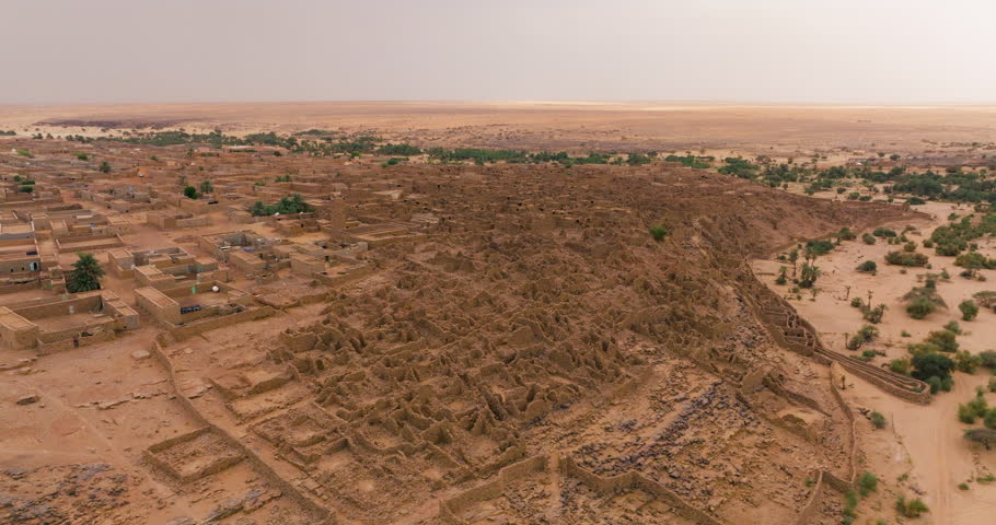 Ancient, Ruined City Of Ouadane In Mauritania - UNESCO World Heritage Site. Aerial Drone Shot