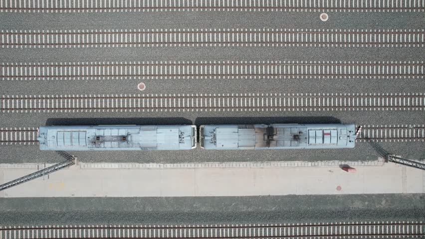 Overhead shot of train on railway tracks