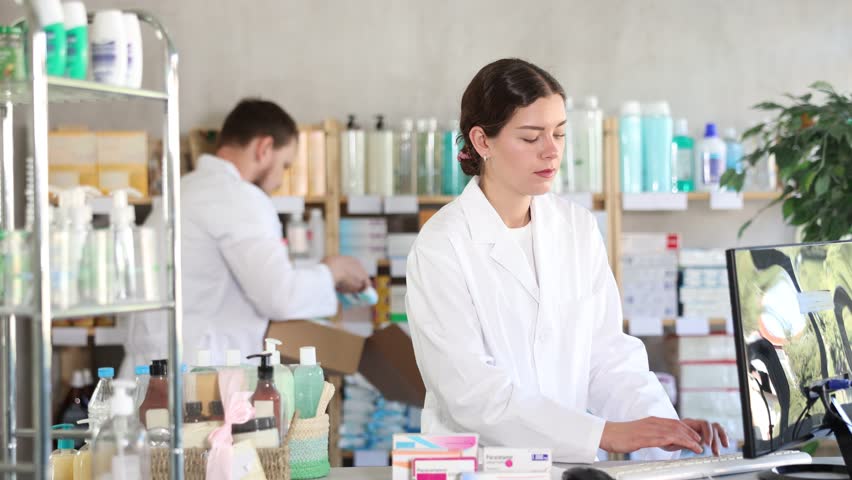 Young woman pharmacist with package of pills, she stands behind the counter near the computer. Pharmacist works in a pharmacy against the background of an male assistant who puts goods on the shelves
