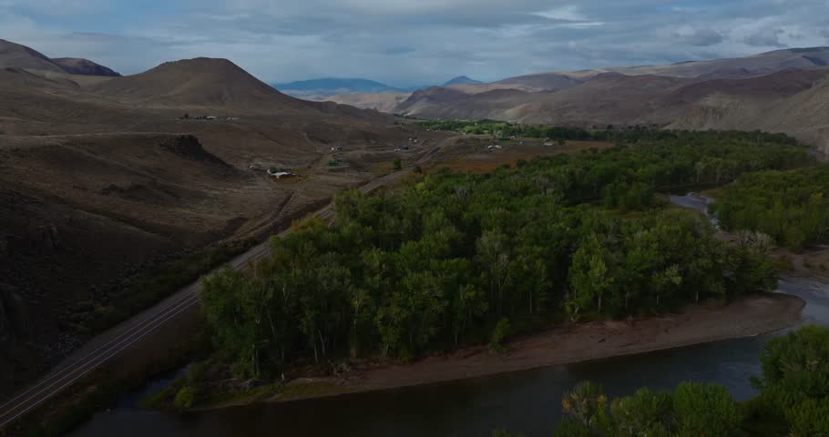 Mountain valley with river and Highway 93 between Challis and Salmon Idaho