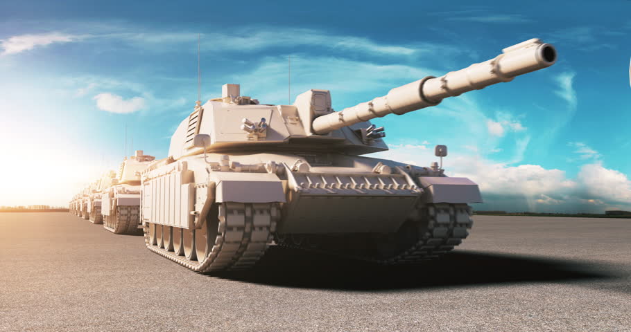 Modern military tanks advancing during a desert war operation. World War Related 3D Animation.