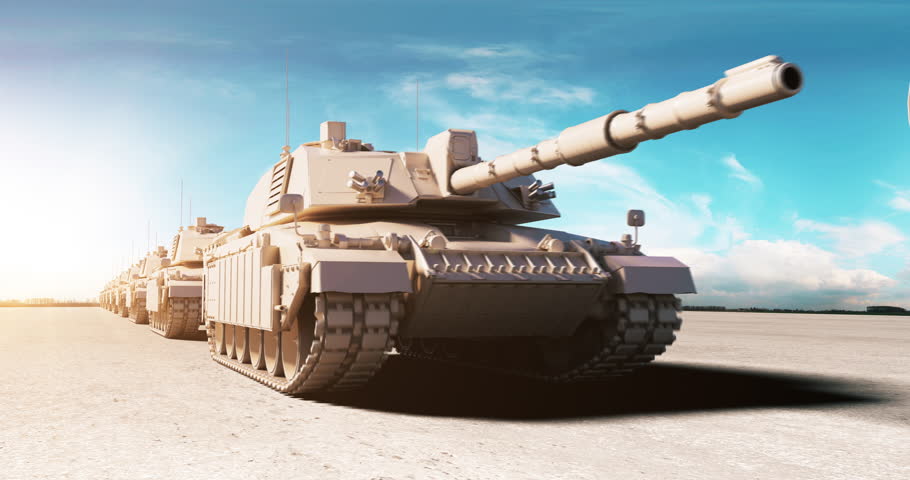 Heavy armored military tank moving across a dry desert. World War Related 3D Animation.