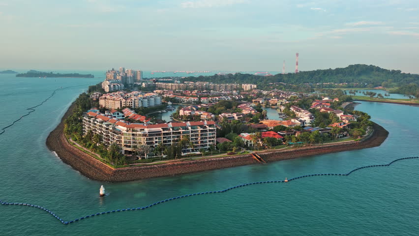 Sentosa Island, Singapore: Aerial view of famous island resort - landscape panorama of Southeast Asia from above