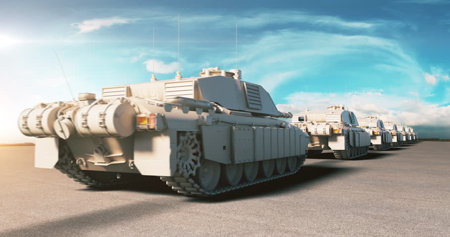 Long row of military tanks moving under a blue sky across a dry desert. World War Related 3D Animation.