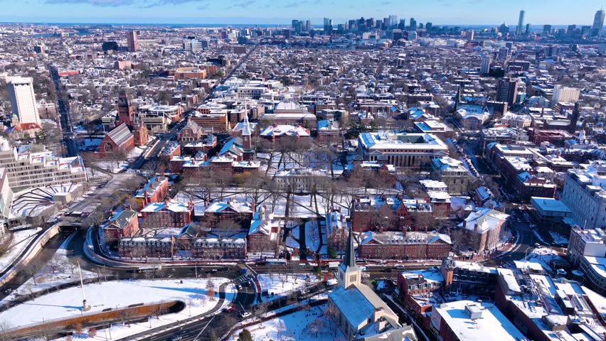 Old Harvard Yard aerial view in winter including Memorial Hall, Memorial Church, Widener Library and University Hall in historic center of Cambridge, Massachusetts MA, USA. 