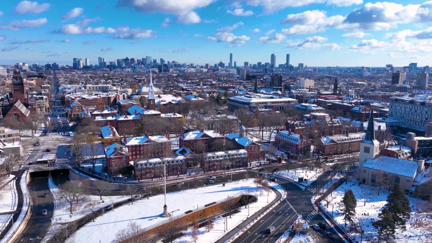 Old Harvard Yard aerial view in winter including Memorial Hall, Memorial Church, Widener Library and University Hall in historic center of Cambridge, Massachusetts MA, USA. 