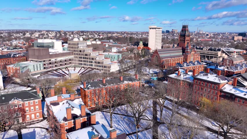 Old Harvard Yard aerial view in winter including Memorial Hall, Memorial Church, Widener Library and University Hall in historic center of Cambridge, Massachusetts MA, USA. 