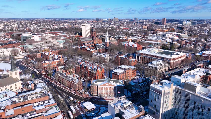 Old Harvard Yard aerial view in winter including Memorial Hall, Memorial Church, Widener Library and University Hall in historic center of Cambridge, Massachusetts MA, USA. 