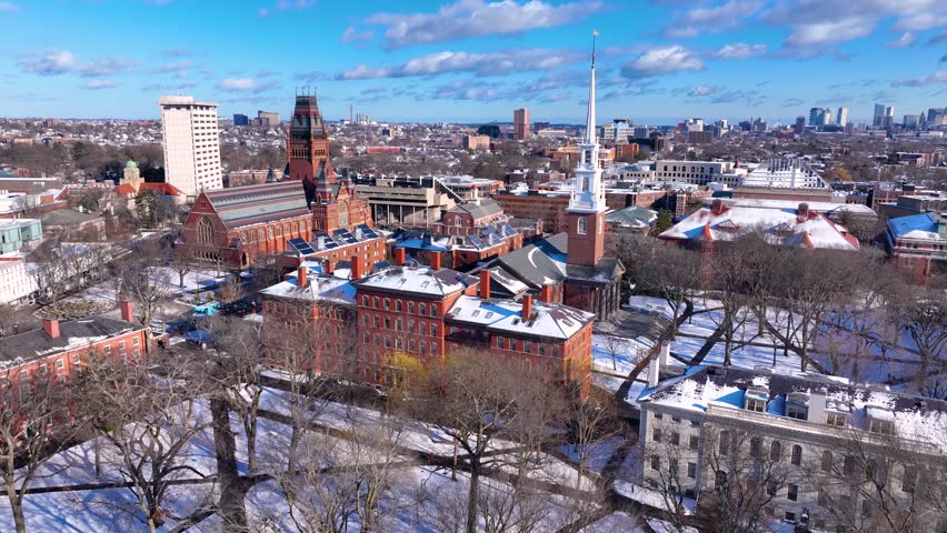 Old Harvard Yard aerial view in winter including Memorial Hall, Memorial Church, Widener Library and University Hall in historic center of Cambridge, Massachusetts MA, USA. 