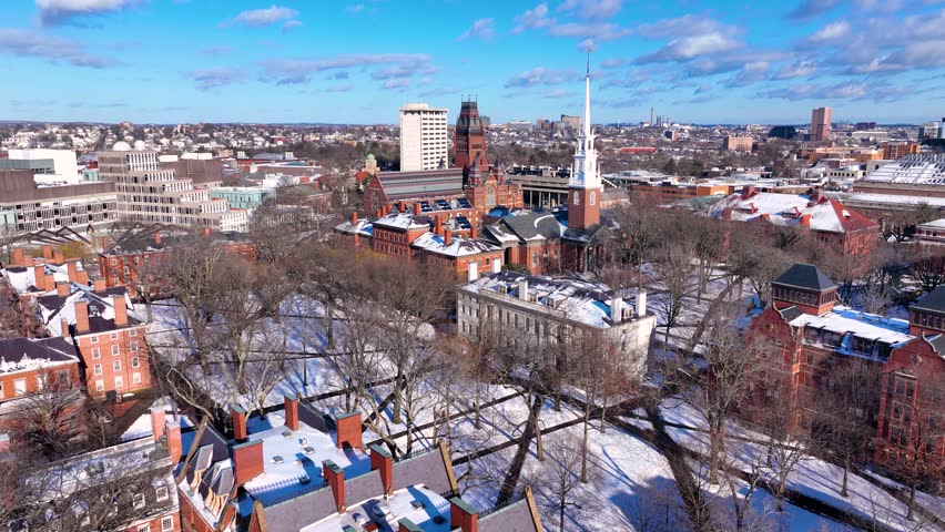 Harvard University Memorial Hall in winter in Old Harvard Yard in historic center of Cambridge, Massachusetts MA, USA. 