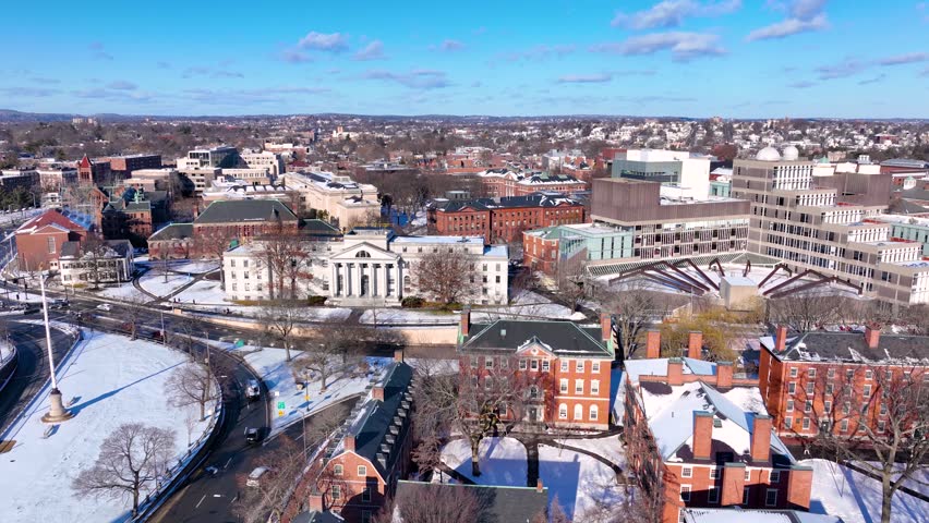 Old Harvard Yard aerial view in winter including Memorial Hall, Memorial Church, Widener Library and University Hall in historic center of Cambridge, Massachusetts MA, USA. 