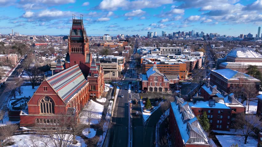 Harvard University Memorial Hall in winter in Old Harvard Yard in historic center of Cambridge, Massachusetts MA, USA. 