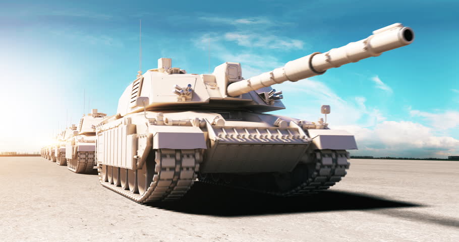 Armored tank firing main gun during a sunset battle. World War Related 3D Animation.