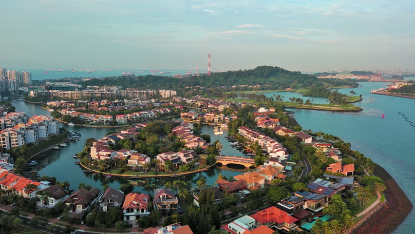 Sentosa Island, Singapore: Aerial view of famous island resort - landscape panorama of Southeast Asia from above
