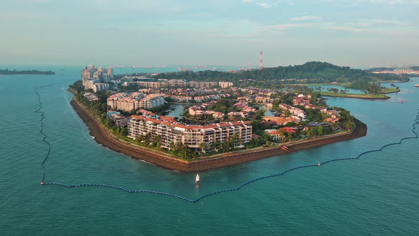 Sentosa Island, Singapore: Aerial view of famous island resort - landscape panorama of Southeast Asia from above