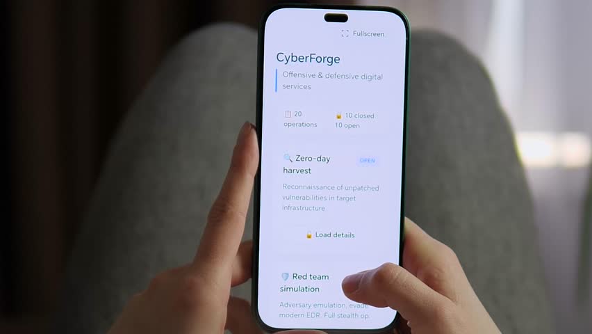 Hands holding mobile phone with cybersecurity dashboard, reviewing red team simulation and exploit development services. Innovative IT security, network protection and risk management concept ideal