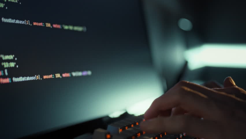A skilled programmer rapidly enters intricate code on a computer, utilizing artificial intelligence to accelerate website development and streamline software engineering