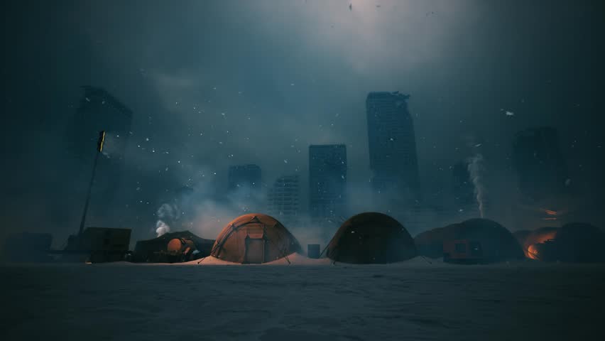 Winter Disaster Relief Camp at Night. Emergency Tents Near Frozen City Skyline